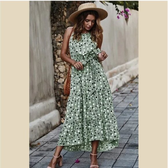 High neck racerback tiered sage green polka dot maxi dress NWT sizes M, L - Picture 2 of 10